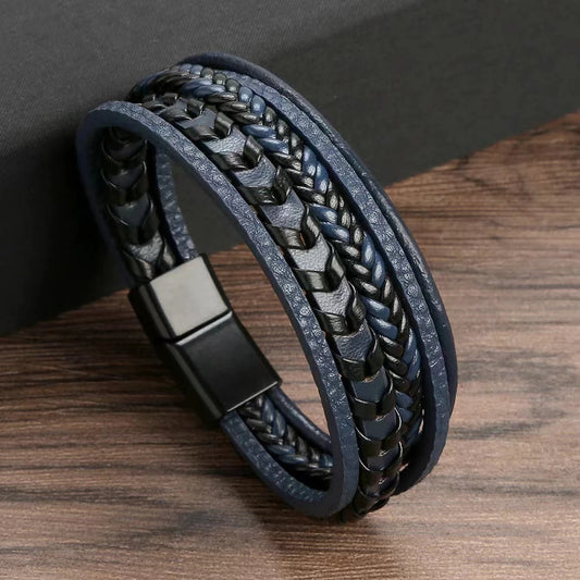 1pc Fashion Accessories MEN'S Multi-layered Vintage Leather Rope Braided Bracelet Alloy Magnetic Buckle Bracelet