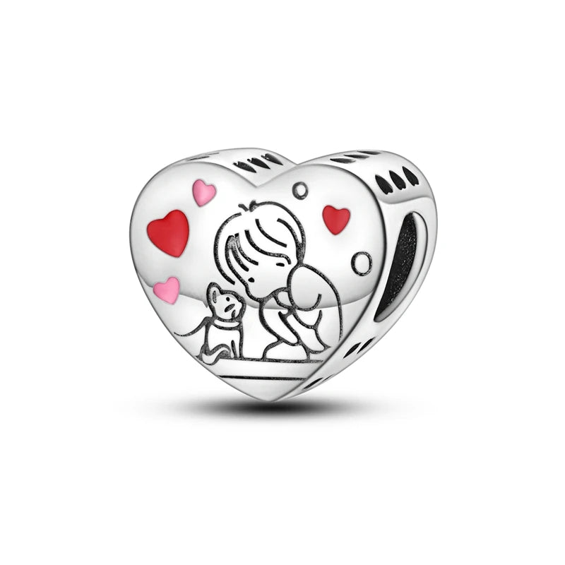 Dogs Pet Charms 925 Silver Heart Shaped Pink Zircon Claws Pendants Fit Original S925 Bracelets Fine DIY Birthday Jewelry Gifts