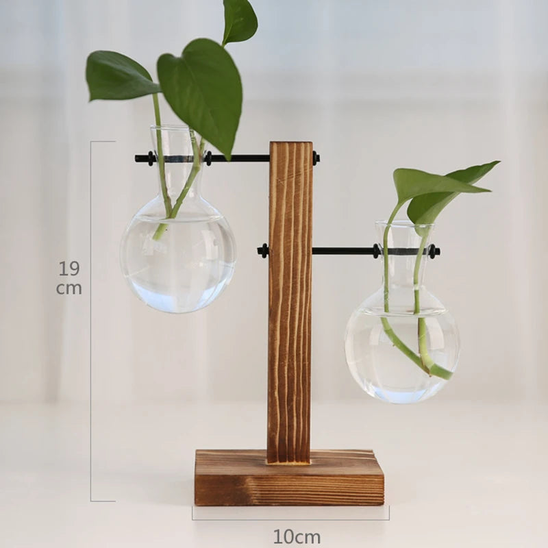 Transparent Bulb Vase with Wooden Stand Desktop Glass Planter for Hydroponics Plants Coffee Shop Room Decor