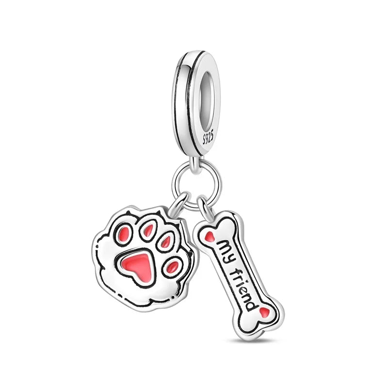Dogs Pet Charms 925 Silver Heart Shaped Pink Zircon Claws Pendants Fit Original S925 Bracelets Fine DIY Birthday Jewelry Gifts