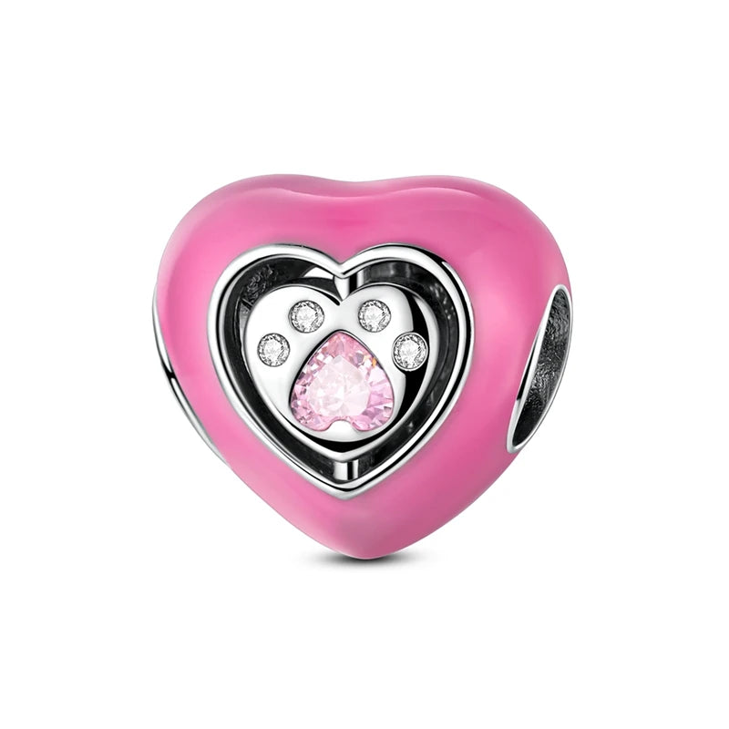 Dogs Pet Charms 925 Silver Heart Shaped Pink Zircon Claws Pendants Fit Original S925 Bracelets Fine DIY Birthday Jewelry Gifts