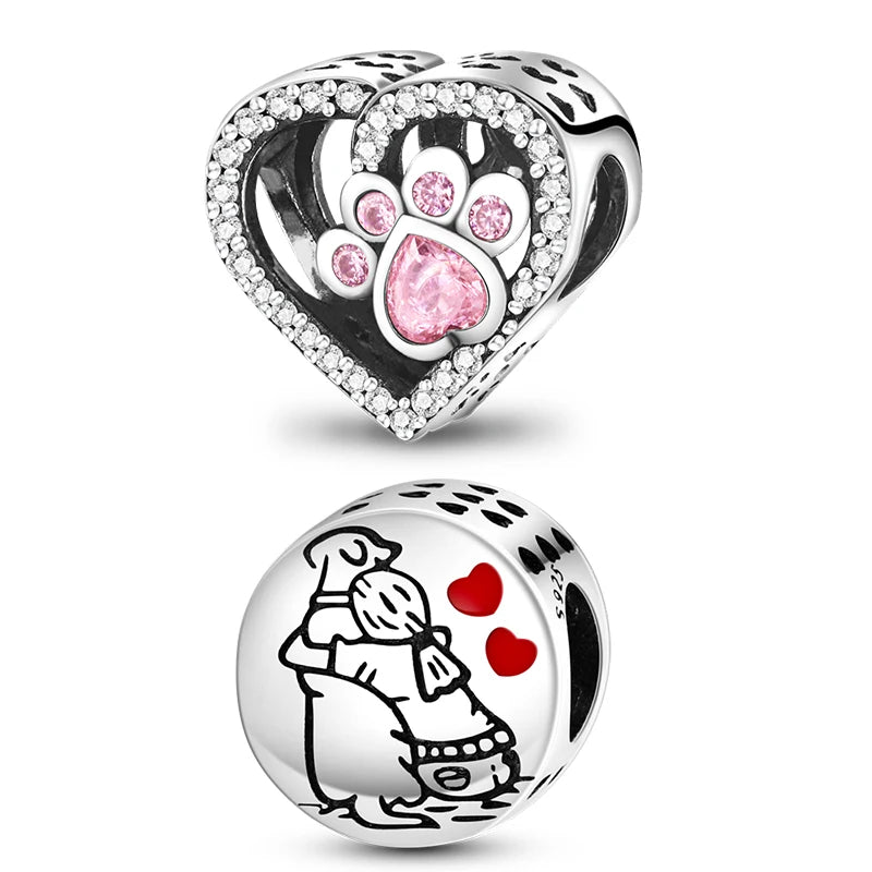 Dogs Pet Charms 925 Silver Heart Shaped Pink Zircon Claws Pendants Fit Original S925 Bracelets Fine DIY Birthday Jewelry Gifts