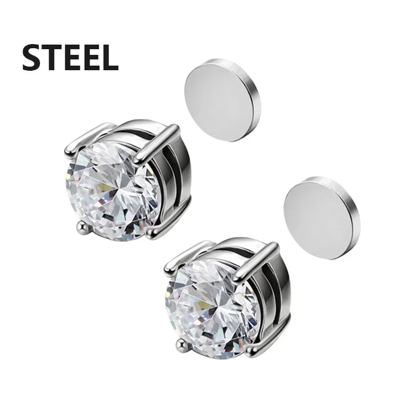 1pairs 6mm Fashion Stainless Steel Magnetic Cubic Zirconia Non-Piercing Stud Earrings for Men and Women Daily Wear Jewelry Gift