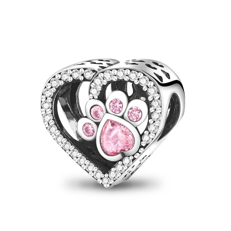 Dogs Pet Charms 925 Silver Heart Shaped Pink Zircon Claws Pendants Fit Original S925 Bracelets Fine DIY Birthday Jewelry Gifts