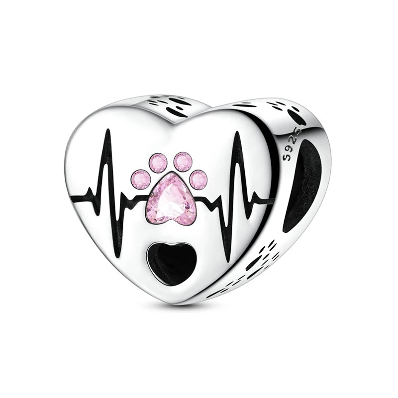 Dogs Pet Charms 925 Silver Heart Shaped Pink Zircon Claws Pendants Fit Original S925 Bracelets Fine DIY Birthday Jewelry Gifts