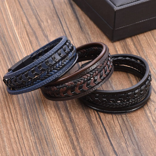 1pc Fashion Accessories MEN'S Multi-layered Vintage Leather Rope Braided Bracelet Alloy Magnetic Buckle Bracelet