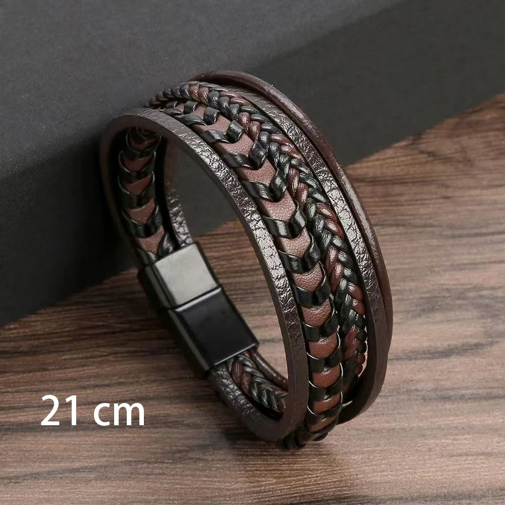 1pc Fashion Accessories MEN'S Multi-layered Vintage Leather Rope Braided Bracelet Alloy Magnetic Buckle Bracelet