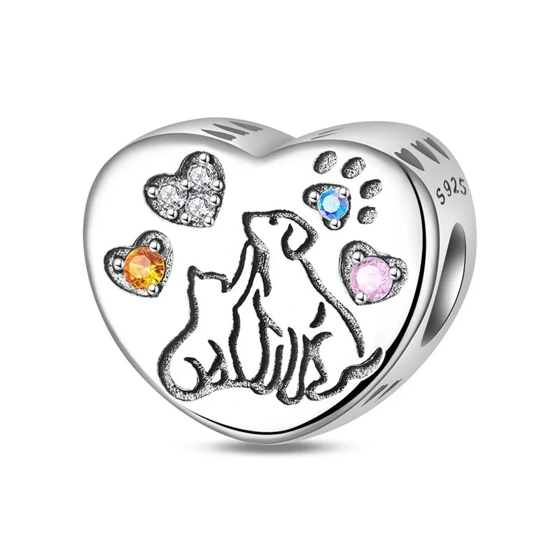 Dogs Pet Charms 925 Silver Heart Shaped Pink Zircon Claws Pendants Fit Original S925 Bracelets Fine DIY Birthday Jewelry Gifts