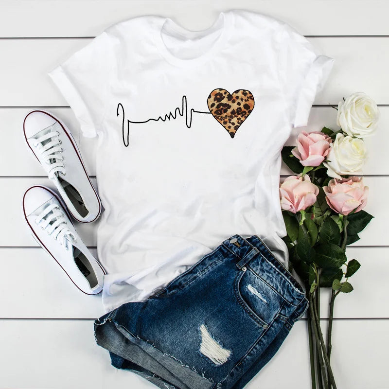 Summer New 90 's Leopard Heartbeat Short Sleeve Print Clothing Women's T-Shirt Harajuku Graphic Clothing Women's Top Tee