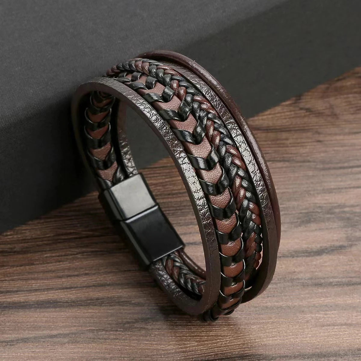 1pc Fashion Accessories MEN'S Multi-layered Vintage Leather Rope Braided Bracelet Alloy Magnetic Buckle Bracelet