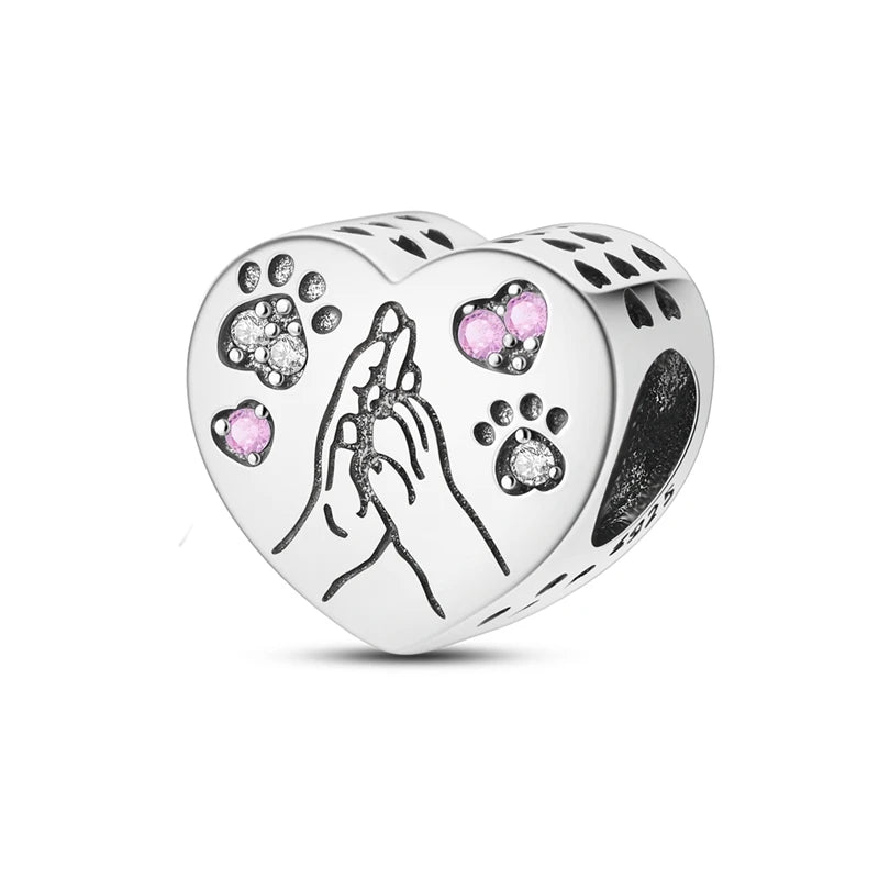 Dogs Pet Charms 925 Silver Heart Shaped Pink Zircon Claws Pendants Fit Original S925 Bracelets Fine DIY Birthday Jewelry Gifts
