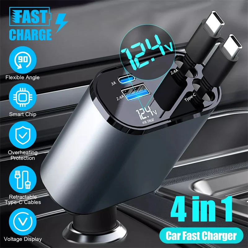 120W 4 In 1 Retractable Car Charger USB C For IPhone Xiaomi Huawei Fast Charging Cable Cigarette Adapter