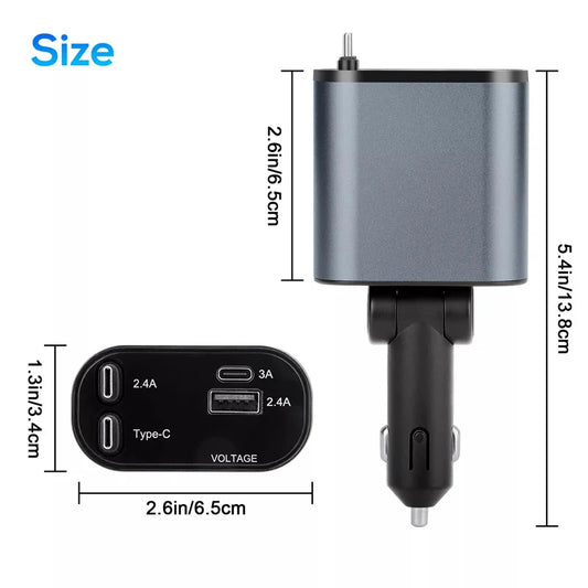 120W 4 In 1 Retractable Car Charger USB C For IPhone Xiaomi Huawei Fast Charging Cable Cigarette Adapter