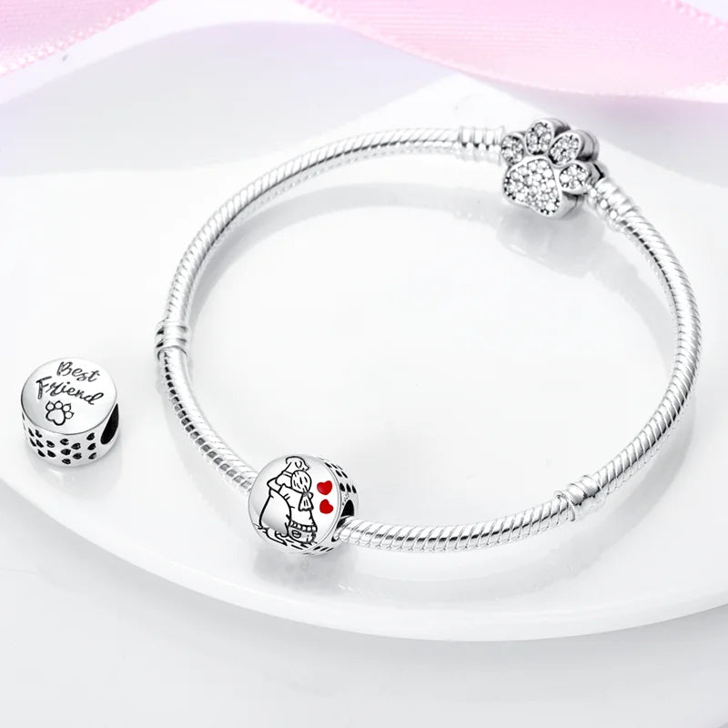 Dogs Pet Charms 925 Silver Heart Shaped Pink Zircon Claws Pendants Fit Original S925 Bracelets Fine DIY Birthday Jewelry Gifts